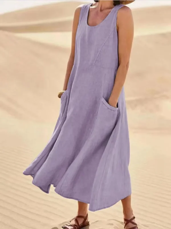 Women Coton Linen Sundress Summer Female Sleeveless Double Big Pocket Loose Sand Beachwear Long Dress Oversized S-5XL LRFZ-818 - Image 17