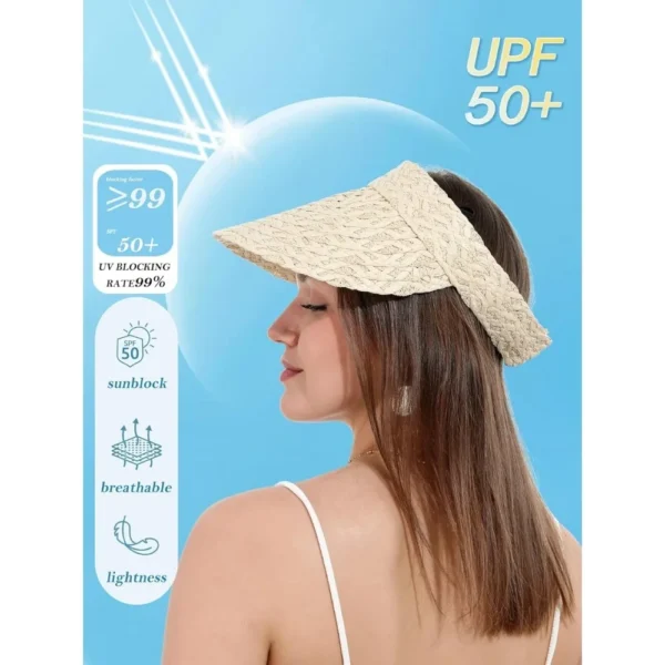 Womens Sun Hat Straw Visor UV Protection Wide Brim Packable Travel Summer Cap for Beach - Image 5