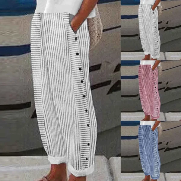 Long Linen Pants Women Women Summer Fashion Striped Print Button Casual Versatile Loose High Waist Yoga Dress Pants For Women - Image 4