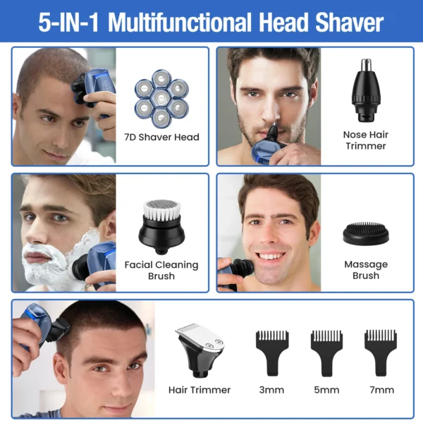 5 in 1 Electric Head Shaver for Bald Men 7D Floating Cutter Beard Trimmer Clipper Waterproof Shaving Men Grooming Kit - Image 6