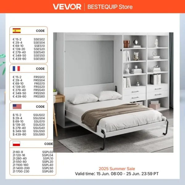 VEVOR Murphy Bed Kit Full Size Vertical Deluxe DIY Wall Mechanical Hardware Pneumatic Lever Heavy Duty Frame for Guestroom
