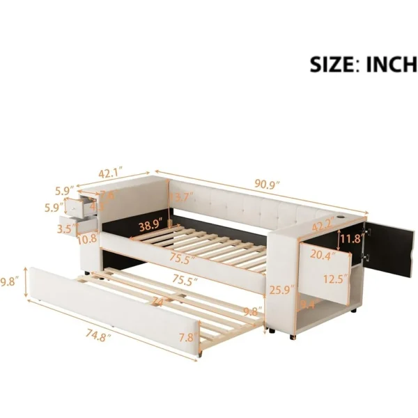 Velvet Upholstered Daybed with Twin Trundle USB Charging Port Storage Drawers Modern Guest Room Furniture Twin Size Frame - Image 3