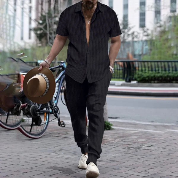 Mens Shirt Casual Short Sleeve Cardigan Blouse Top Pants Beach Suit Summer Two Piece Set Fashion Clothing For Man Ropa Hombre - Image 3