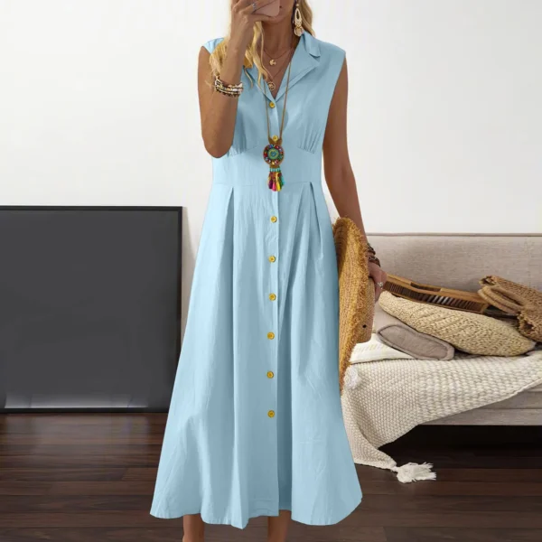 Casual Loose Sleeveless Shirt Dress Solid Color Button Cotton Linen Blend Dress Elegant Vacation Holiday Dresses платье женское - Image 2