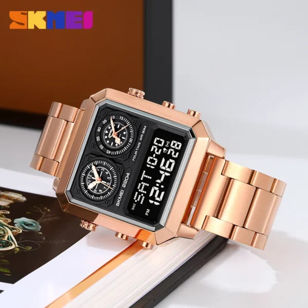 SKMEI Genuine Men's Electronic Watch Square Countdown Mary Gold Stainless Steel Strap 4 Time Timer Alarm Clock EL Luminous 2204 - Image 2