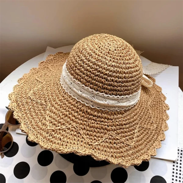 Elegant Floral Print Wide Brim Sun Hat with Bow Decoration Breathable Straw Beach Cap for Women s Summer Sun Protection - Image 3