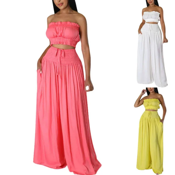Women'S Solid 2 Piece Outfits Stylish Casual Solid Color Strapless Pantsuit Fashion Top And Pants Two Piece Sets костюм женский - Image 4