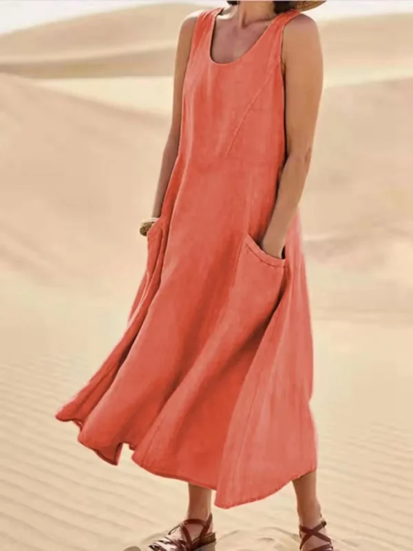Women Coton Linen Sundress Summer Female Sleeveless Double Big Pocket Loose Sand Beachwear Long Dress Oversized S-5XL LRFZ-818 - Image 11