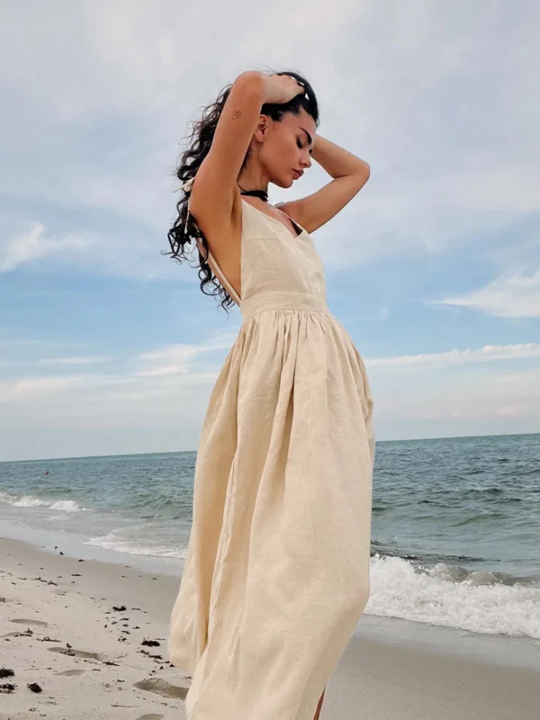 DSMTRC Women 2024 Elegant Lace-Up Pockets A-Line Dresses Summer Sexy Backless Party Pleated Dress Fashion Brown Linen Long Dress - Image 5