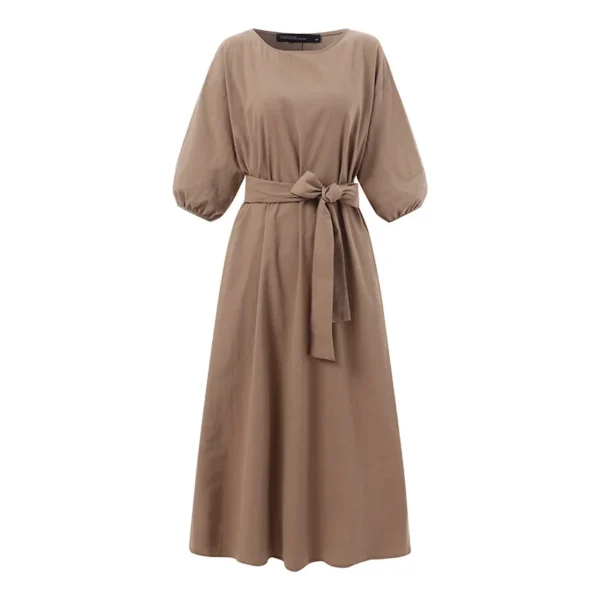 autumn Dress Women 2024 New Cotton Linen Solid Lace Up Casual Oversize O Neck Chic Long Sleeve Midi Dresses for Women with Belt - Image 5