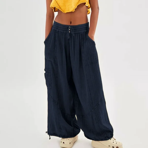 Beach Linen Pants Women Wide Leg Harem Pant High Waist Button Drawstring Palazzo Loose plus Size Pant with Pocket - Image 4