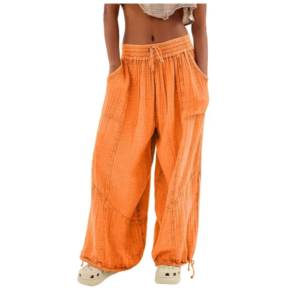 Beach Linen Pants Women Wide Leg Harem Pant High Waist Button Drawstring Palazzo Loose plus Size Pant with Pocket - Image 13