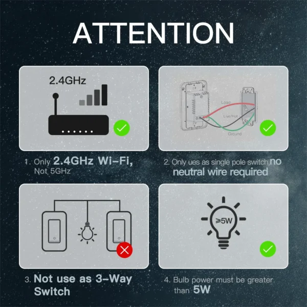 MOES Smart Light Switch No Neutral Wire Required, No Capacitor and No Hub Required,Wi-Fi Switch Work with Alexa and Google Home - Image 2