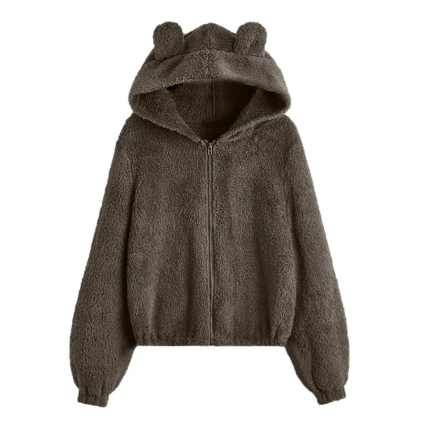 Cute Bear Ear Plush Warm Solid Casual Hoodie Female Pocket Creative Sweatshirts All-Match Street Clothes Womens Fleece Pullovers - Image 5