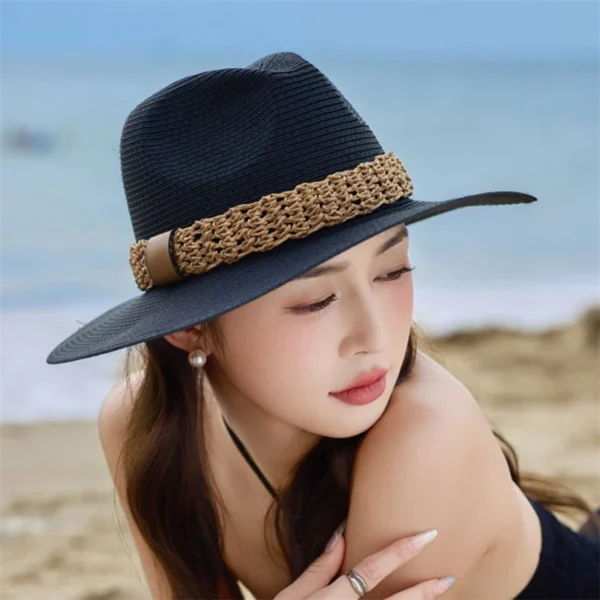 Women Wide Brim Sun Hat with Bowknot Ribbon Summer Beach Straw Hat Foldable Floppy Fedora Hat for Vacation Travel Party Clothes - Image 3