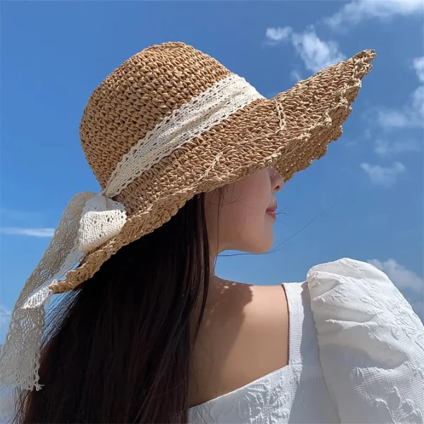 Elegant Floral Print Wide Brim Sun Hat with Bow Decoration Breathable Straw Beach Cap for Women s Summer Sun Protection - Image 4