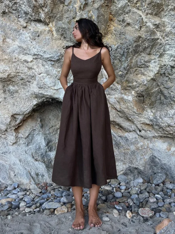 DSMTRC Women 2024 Elegant Lace-Up Pockets A-Line Dresses Summer Sexy Backless Party Pleated Dress Fashion Brown Linen Long Dress - Image 2