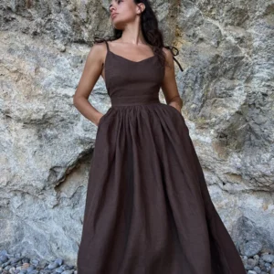 DSMTRC Women 2024 Elegant Lace-Up Pockets A-Line Dresses Summer Sexy Backless Party Pleated Dress Fashion Brown Linen Long Dress