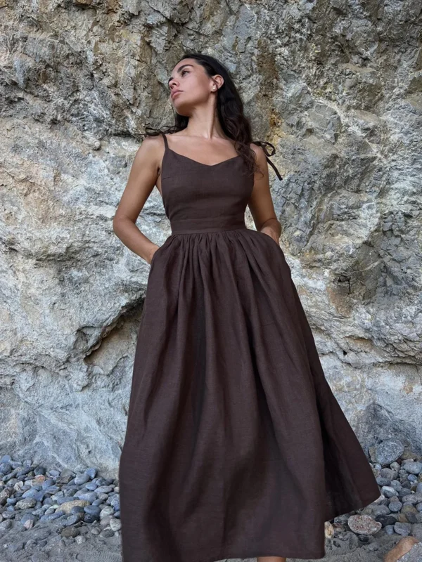 DSMTRC Women 2024 Elegant Lace-Up Pockets A-Line Dresses Summer Sexy Backless Party Pleated Dress Fashion Brown Linen Long Dress
