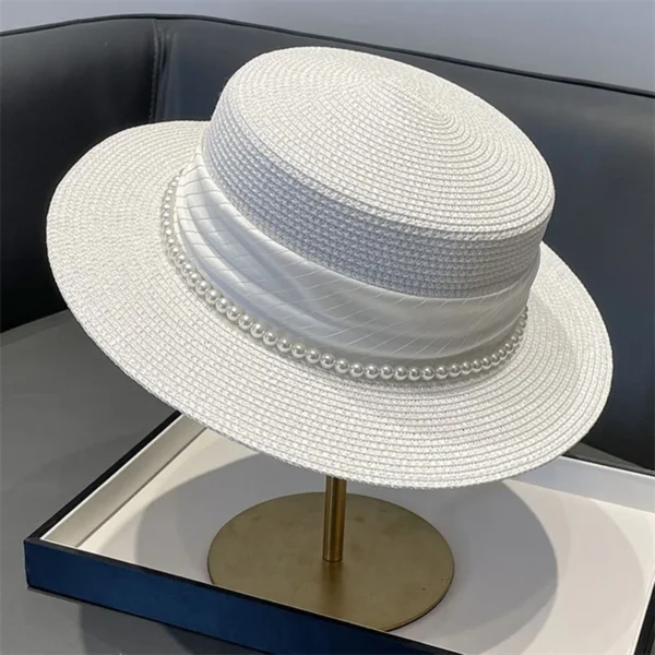 Elegant Women s Wide Brim Straw Hat with Pearl Embellishments for Stylish UV Protection at the Beach or on Holiday - Image 2