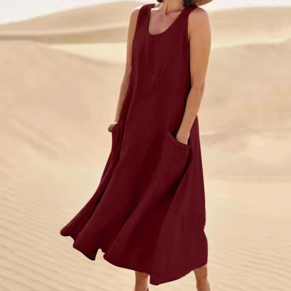 Women Coton Linen Sundress Summer Female Sleeveless Double Big Pocket Loose Sand Beachwear Long Dress Oversized S-5XL LRFZ-818 - Image 9