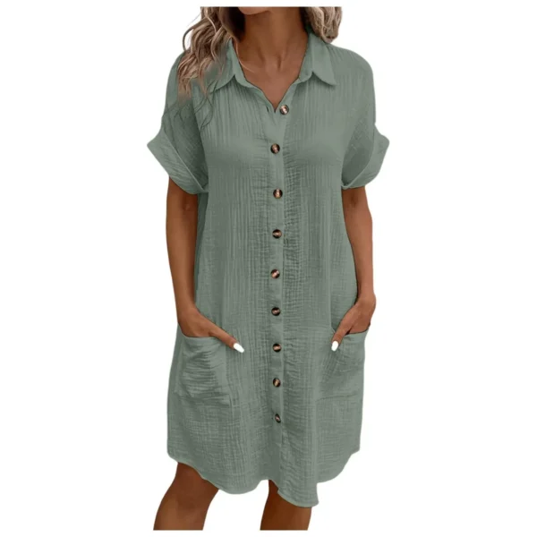Women'S Fashion Summer Minimalist V-Neck Button Up Dress Woman Cotton Linen White Short Sleeved Pocket Casual Loose Shirt Dress - Image 12
