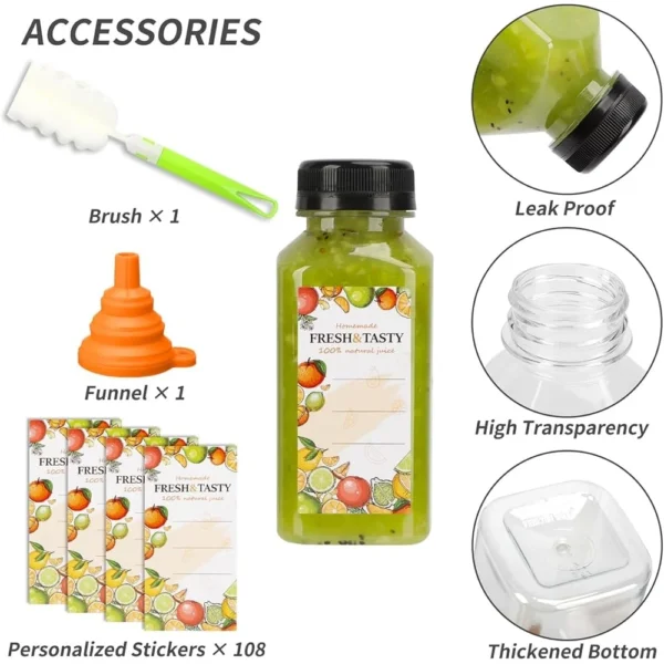 100pcs 8oz Clear Plastic Juice Bottles with Caps Cleaning Brush Funnel Tamper Evident Ideal Juicing Parties Beverages - Image 4