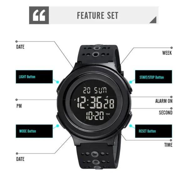 Skmei Men Electronic Sport Watches Japan Digital Movement Countdown Clock 5bar Waterproof Calendar Alarm Male Wrist Watch - Image 5