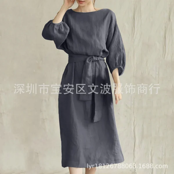 autumn Dress Women 2024 New Cotton Linen Solid Lace Up Casual Oversize O Neck Chic Long Sleeve Midi Dresses for Women with Belt - Image 11
