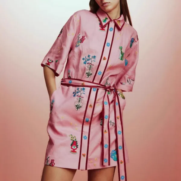 Linen Printing Shirt Pink Dress Temperament Versatile Multi Style Summer Women's Clothing Comfort Two Piece Set Mid Length Skirt - Image 5