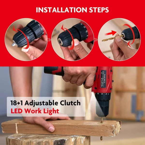 Tool Set with Drill, 108Pcs Cordless Drill Household Power Tools Set with 16.8V Lithium Driver Claw Hammer Wrenches Pliers DIY A - Image 3
