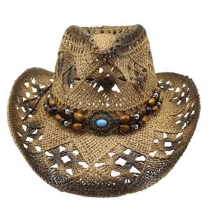 Straw Cowgirl Hat Unisex Beach Hat Cow Boy Hat With Hat Band For Men Women Breathable Lightweight Sun Protection