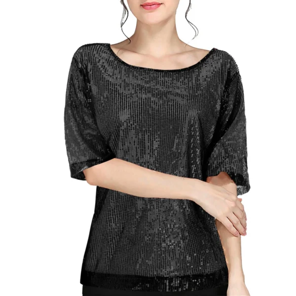 Fashion Women Half Sleeve T-Shirt Glistening Sequin 2025 Spring Autumn Round Neck Loose Shining T Shirt Female Tops T-Shirt - Image 3
