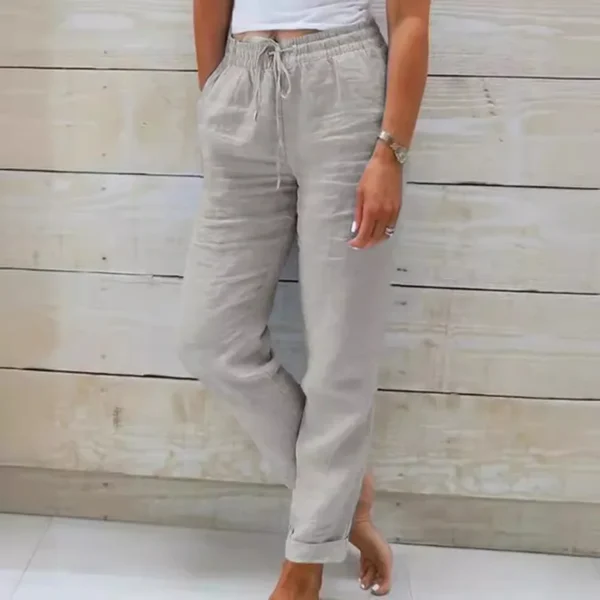 Women Cotton Linen Pants Summer Female High Elastic Waist Drawstring Pocket Beachwear Holiday Straight Trousers JYFS-1044 - Image 3