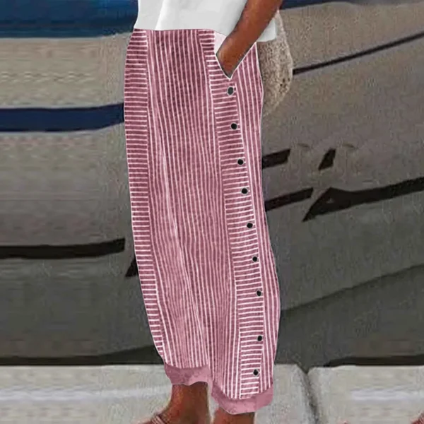 Long Linen Pants Women Women Summer Fashion Striped Print Button Casual Versatile Loose High Waist Yoga Dress Pants For Women - Image 2