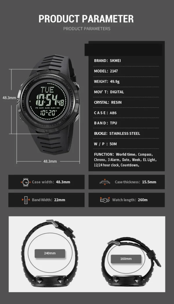 SKMEI Men's Sport Military Digital Men Watch For Men Waterproof Electronic Countdown Mens Wristwatches Outdoors Clock + Compass - Image 6