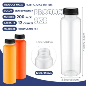 200Pack Plastic Juice Bottles with Caps Clear Reusable Drink Containers with Caps Empty PET Beverages Bottles Bulk (Black,12 OZ)