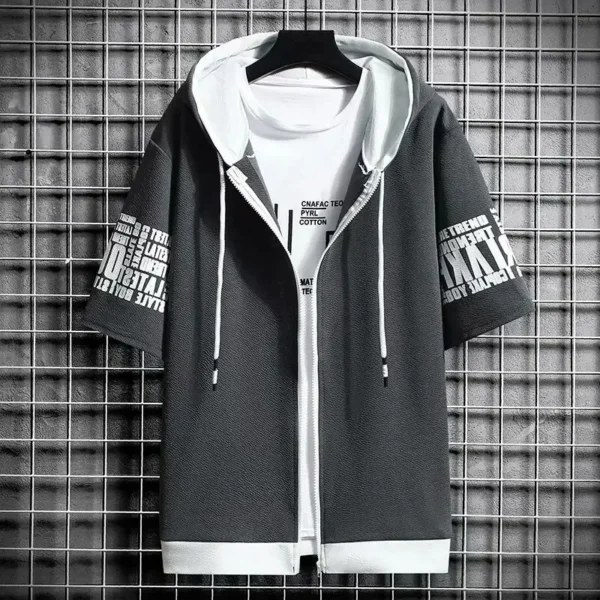 Fashion Men's Hoodies Summer Men Clothing T-shirt Zipper Hood Cartoon Casual T Shirt Print Hooded Top Short Sleeve Men - Image 4