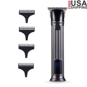 Cordless Rechargeable Metallic Men's Hair Clipper T-Blade Kit with Stainless Steel Blades LED Display 4 Comb Guides Beard Trim