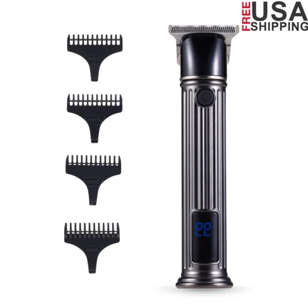 Cordless Rechargeable Metallic Men's Hair Clipper T-Blade Kit with Stainless Steel Blades LED Display 4 Comb Guides Beard Trim