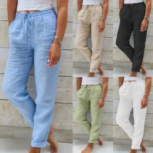 Women Cotton Linen Pants Summer Female High Elastic Waist Drawstring Pocket Beachwear Holiday Straight Trousers JYFS-1044