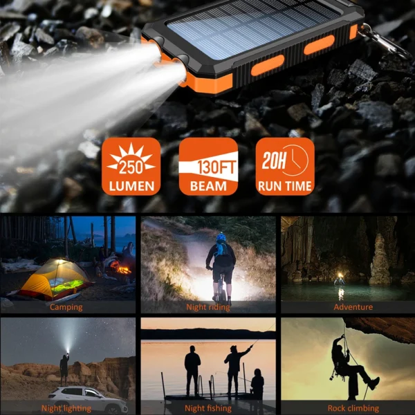 10000mAh Solar Charging Power Bank,Dual USB & Type C Output Port Multicharger Power Bank with Flashlight and Compass - Image 4