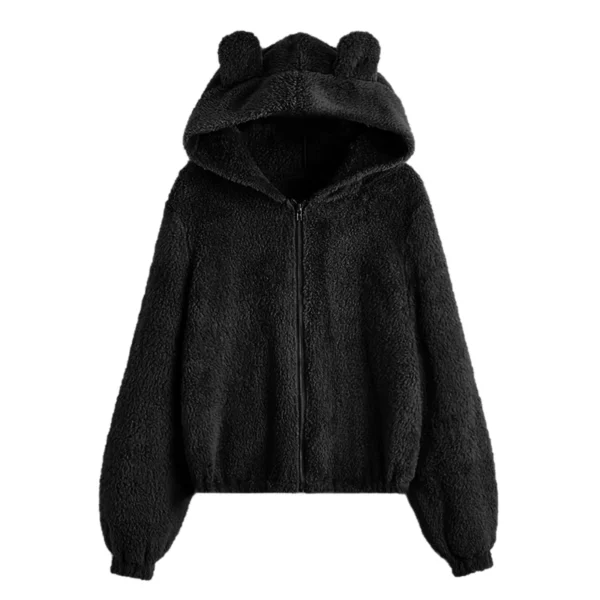 Cute Bear Ear Plush Warm Solid Casual Hoodie Female Pocket Creative Sweatshirts All-Match Street Clothes Womens Fleece Pullovers - Image 2