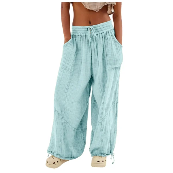 Beach Linen Pants Women Wide Leg Harem Pant High Waist Button Drawstring Palazzo Loose plus Size Pant with Pocket - Image 8
