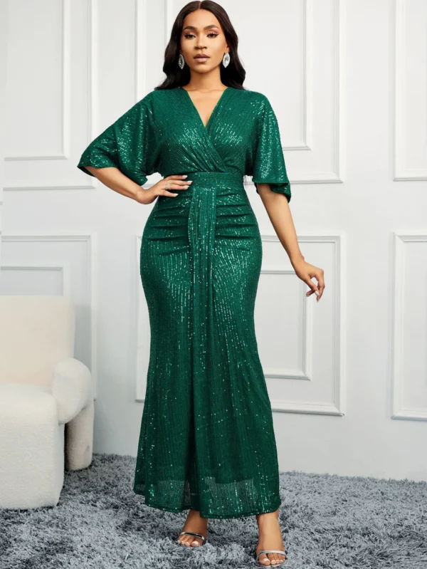 Women Sequin Dress Summer elegant V-Neck Ruffles Short Sleeves Vintage Pencil Pleats Slim Fit Fashion Banquet Cocktail Party - Image 4
