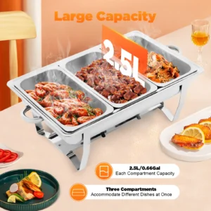 3 Pan Food Warmer Stainless Steel Chafing Dish Buffet Set Rectangular Catering Warmer for Restaurants Buffets Hotels Cafeterias