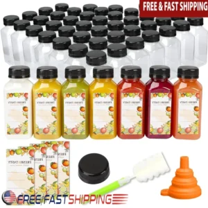 100pcs 8oz Clear Plastic Juice Bottles with Caps Cleaning Brush Funnel Tamper Evident Ideal Juicing Parties Beverages