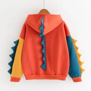 Cute Cartoon Dinosaur Shape Hoodie Sweatshirt Women Long Sleeve Color Block Pullover Hoodie Fall Winter Loose Soft Fleece Hoodie