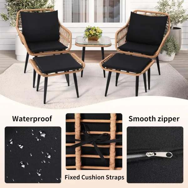 5 Piece Wicker Bistro Patio Conversation Furniture Set, Includes 2 Chairs, 2 Ottomans, and Side Table, Ideal for Porch, Balcony, - Image 6