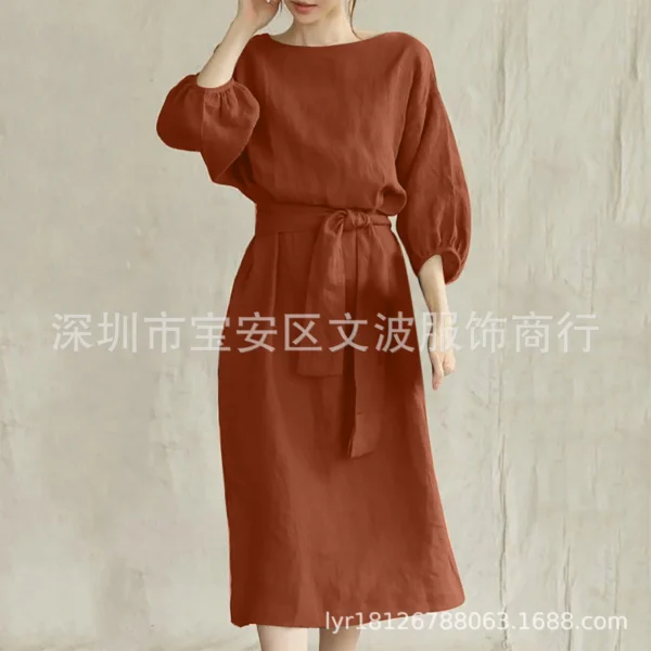 autumn Dress Women 2024 New Cotton Linen Solid Lace Up Casual Oversize O Neck Chic Long Sleeve Midi Dresses for Women with Belt - Image 13